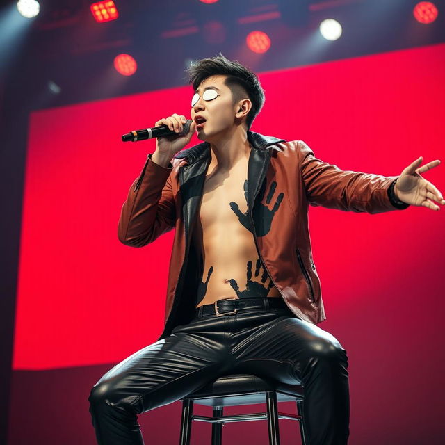 A tall Korean man energetically performs on stage, sitting on a chair, enveloped by a vivid red background