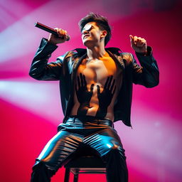 A tall Korean man energetically performs on stage, sitting on a chair, enveloped by a vivid red background