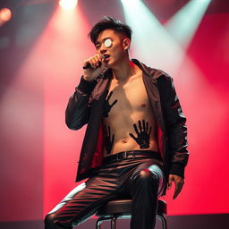 A tall Korean man energetically performs on stage, sitting on a chair, enveloped by a vivid red background