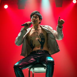 A tall Korean man energetically performs on stage, sitting on a chair, enveloped by a vivid red background