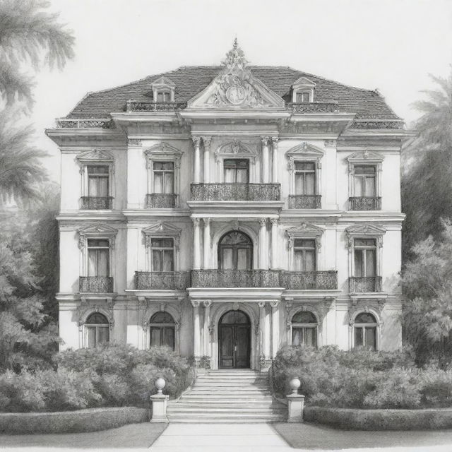 A sophisticated black and white sketch of a luxury villa. Detailing the architectural features of the building's multilevel structure, beautiful balconies, and well-maintained garden, manifesting an elegant, classic charm.