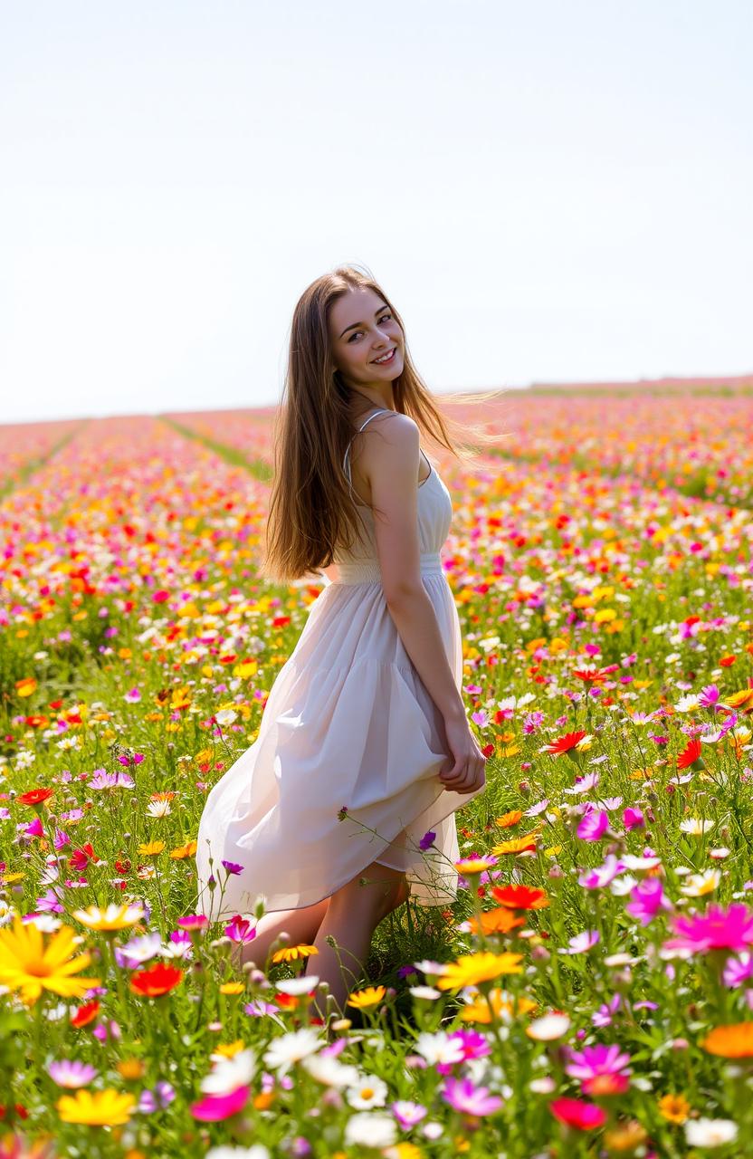 A young woman standing in a vibrant field of wildflowers, surrounded by a sea of colorful blooms, under a clear blue sky