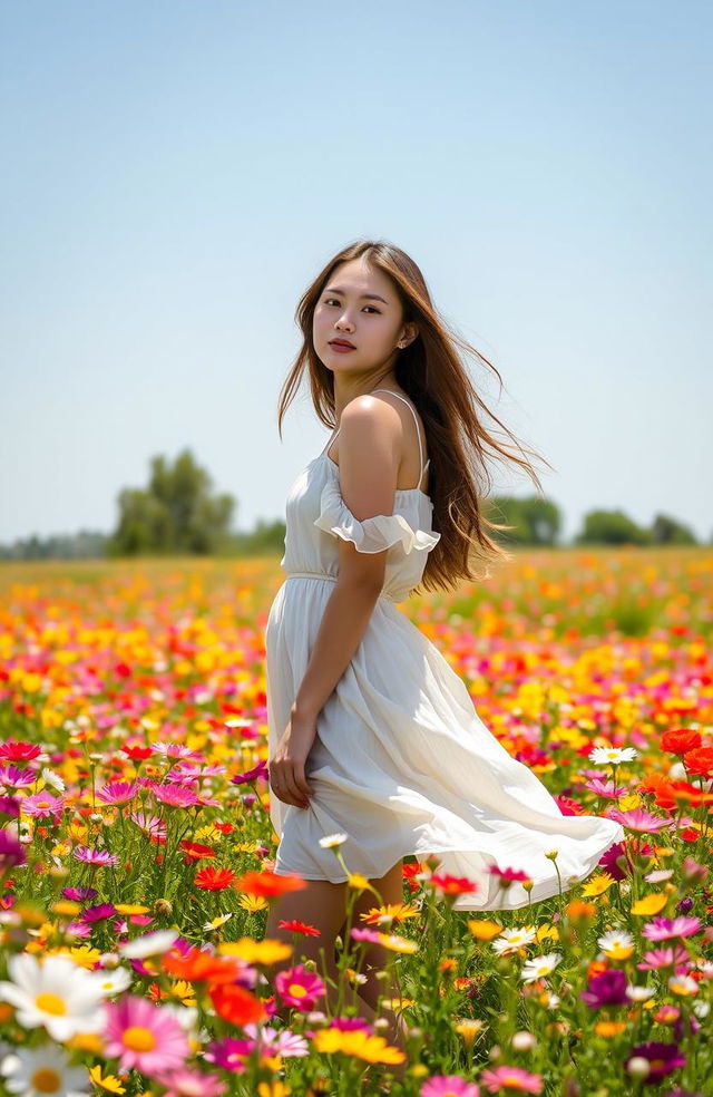 A young woman standing in a vibrant field of wildflowers, surrounded by a sea of colorful blooms, under a clear blue sky