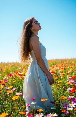 A young woman standing in a vibrant field of wildflowers, surrounded by a sea of colorful blooms, under a clear blue sky