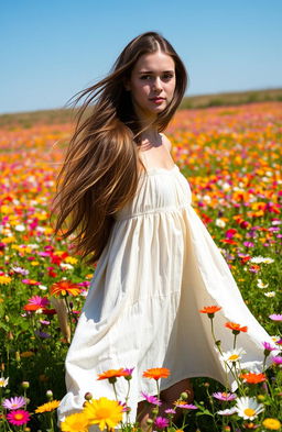 A young woman standing in a vibrant field of wildflowers, surrounded by a sea of colorful blooms, under a clear blue sky