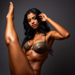 an Indian woman posing with her legs raised in a seductive and sexy manner, showcasing her oiled skin which shines under the light, wearing a bra, with a confident and alluring expression