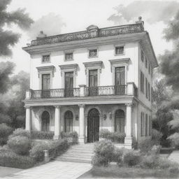 A sophisticated black and white sketch of a luxury villa. Detailing the architectural features of the building's multilevel structure, beautiful balconies, and well-maintained garden, manifesting an elegant, classic charm.