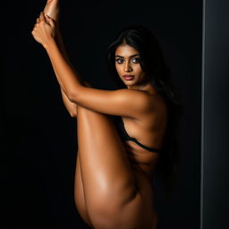 an Indian woman posing with her legs raised in a seductive and sexy manner, showcasing her oiled skin which shines under the light, wearing a bra, with a confident and alluring expression