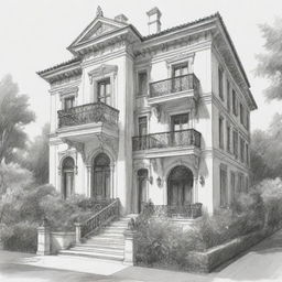 A sophisticated black and white sketch of a luxury villa. Detailing the architectural features of the building's multilevel structure, beautiful balconies, and well-maintained garden, manifesting an elegant, classic charm.