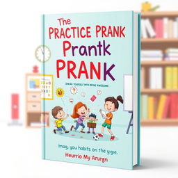 A whimsical book cover design titled "The Practice Prank: Sneak Yourself into Being Awesome," featuring playful illustrations of kids engaging in clever and harmless pranks that lead to positive outcomes