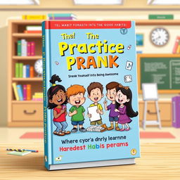 A whimsical book cover design titled "The Practice Prank: Sneak Yourself into Being Awesome," featuring playful illustrations of kids engaging in clever and harmless pranks that lead to positive outcomes