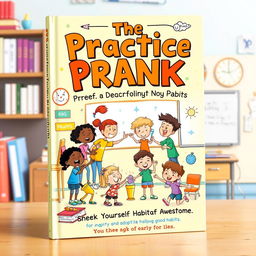 A whimsical book cover design titled "The Practice Prank: Sneak Yourself into Being Awesome," featuring playful illustrations of kids engaging in clever and harmless pranks that lead to positive outcomes