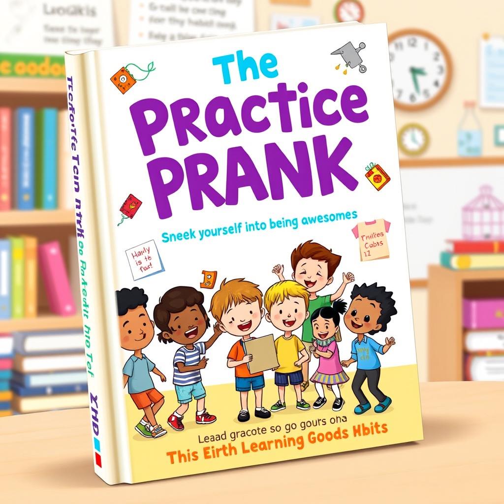 A whimsical book cover design titled "The Practice Prank: Sneak Yourself into Being Awesome," featuring playful illustrations of kids engaging in clever and harmless pranks that lead to positive outcomes