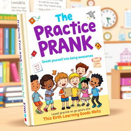 A whimsical book cover design titled "The Practice Prank: Sneak Yourself into Being Awesome," featuring playful illustrations of kids engaging in clever and harmless pranks that lead to positive outcomes