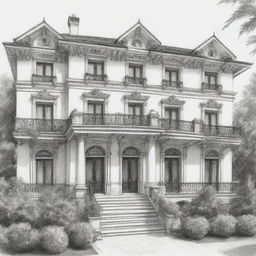 A sophisticated black and white sketch of a luxury villa. Detailing the architectural features of the building's multilevel structure, beautiful balconies, and well-maintained garden, manifesting an elegant, classic charm.