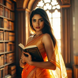 An Indian woman with fair skin and long black hair, holding a book while cowering slightly