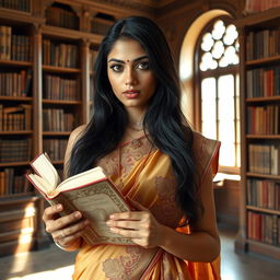 An Indian woman with fair skin and long black hair, holding a book while cowering slightly