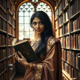 An Indian woman with fair skin and long black hair, holding a book while cowering slightly