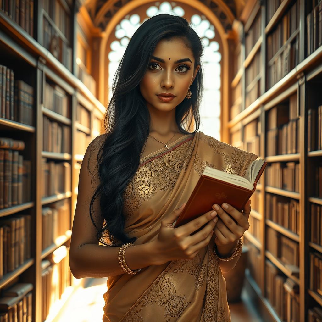 An Indian woman with fair skin and long black hair, holding a book while cowering slightly