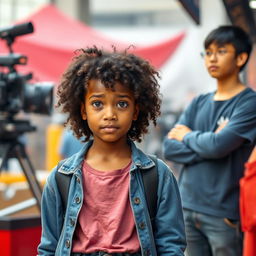 A black girl with a confused expression on her face, pointing to herself, stands in the foreground while a movie set is half blurred in the background