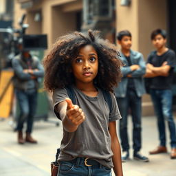 A black girl with a confused expression on her face, pointing to herself, stands in the foreground while a movie set is half blurred in the background