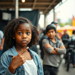 A black girl with a confused expression on her face, pointing to herself, stands in the foreground while a movie set is half blurred in the background