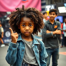 A black girl with a confused expression on her face, pointing to herself, stands in the foreground while a movie set is half blurred in the background