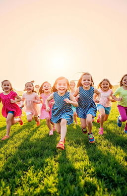 A joyful scene of children running gleefully under the bright sun, wearing colorful shoes