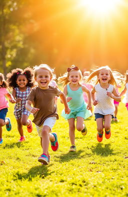 A joyful scene of children running gleefully under the bright sun, wearing colorful shoes