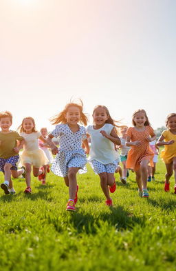 A joyful scene of children running gleefully under the bright sun, wearing colorful shoes