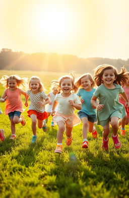 A joyful scene of children running gleefully under the bright sun, wearing colorful shoes