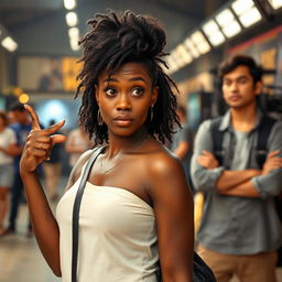 A black woman with a confused expression on her face, pointing to herself, stands prominently with a half-blurred movie set in the background