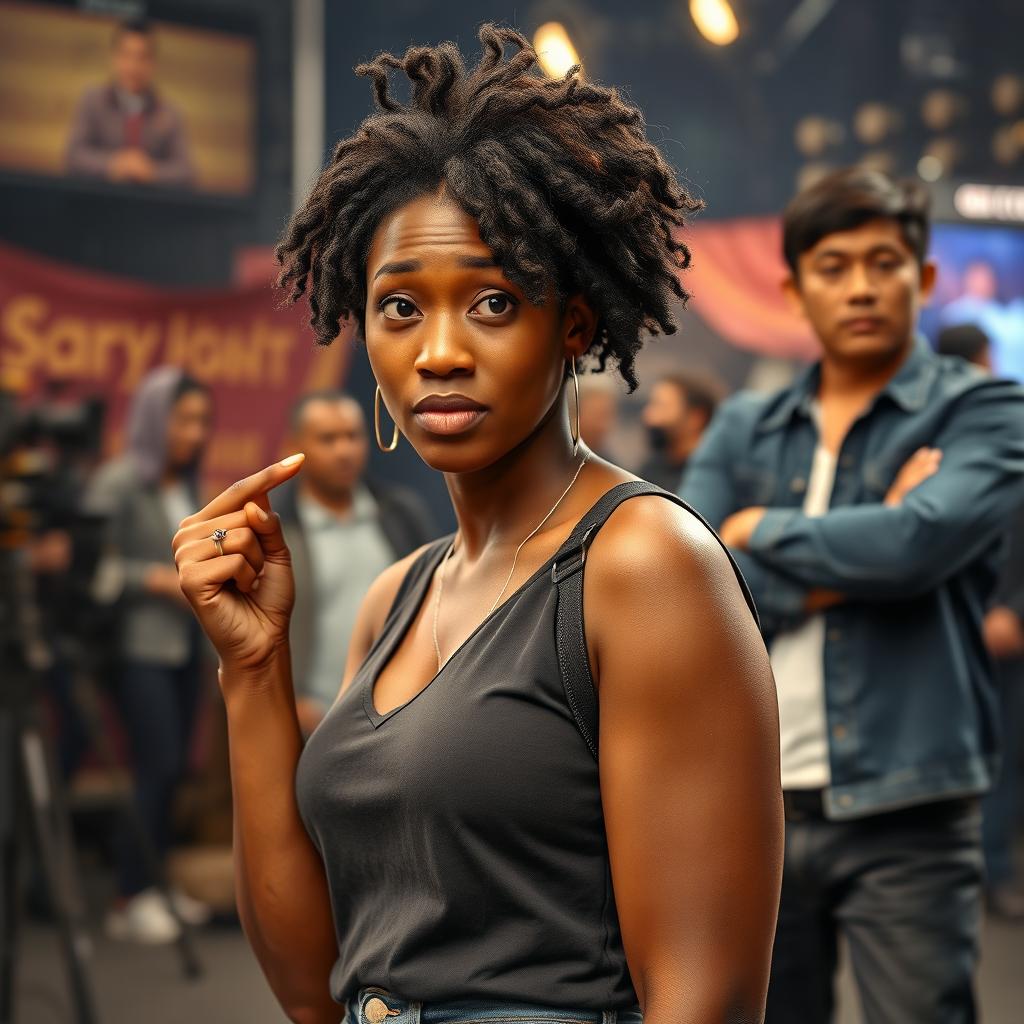 A black woman with a confused expression on her face, pointing to herself, stands prominently with a half-blurred movie set in the background