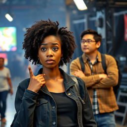 A black woman with a confused expression on her face, pointing to herself, stands prominently with a half-blurred movie set in the background