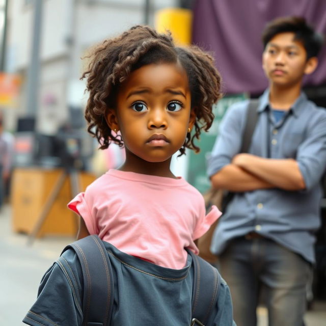 A young black girl with a confused expression on her face stands in the foreground, with a half-blurred movie set in the background