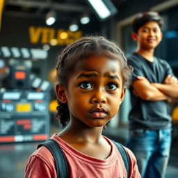 A young black girl with a confused expression on her face stands in the foreground, with a half-blurred movie set in the background