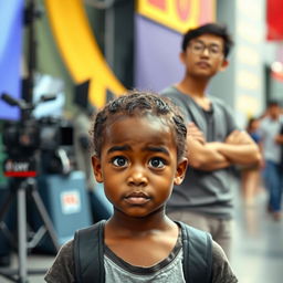 A young black girl with a confused expression on her face stands in the foreground, with a half-blurred movie set in the background