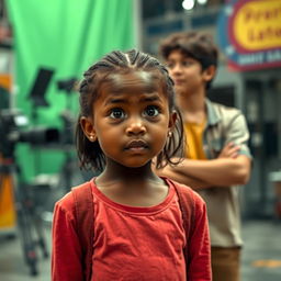 A young black girl with a confused expression on her face stands in the foreground, with a half-blurred movie set in the background
