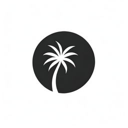 A stylish black and white minimalist icon featuring a coconut tree, its fronds swaying gently. This design combines botanical beauty with a touch of the tropical, conveying a relaxed, holiday vibe within a compact logo.