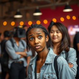 A young black woman with a confused expression on her face stands in the foreground, exuding an aura of curiosity