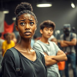 A young black woman with a confused expression on her face stands in the foreground, exuding an aura of curiosity