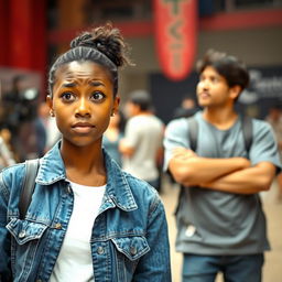 A young black woman with a confused expression on her face stands in the foreground, exuding an aura of curiosity