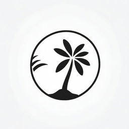 A stylish black and white minimalist icon featuring a coconut tree, its fronds swaying gently. This design combines botanical beauty with a touch of the tropical, conveying a relaxed, holiday vibe within a compact logo.