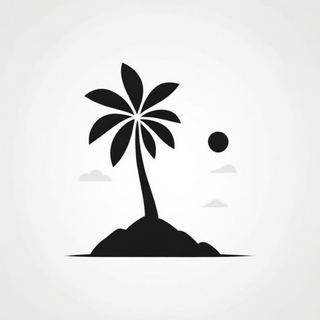 A creatively abstracted icon of a coconut tree maintained in a black and white scheme. Featuring a geometric design or dynamic silhouette, retaining the essence of the tree whilst radiating a modern, artistic interpretation of the tropical symbol.