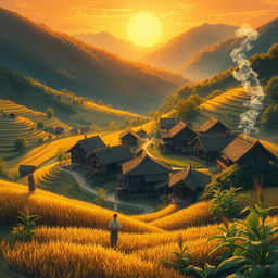 An enchanting illustration depicting "The Heritage of Desan", a village steeped in secrets and prosperity