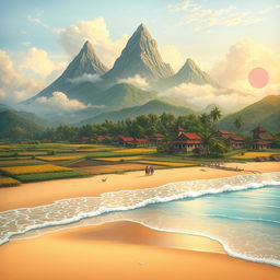 A breathtaking illustration of "Desan's Heritage", a village full of secrets and natural beauty