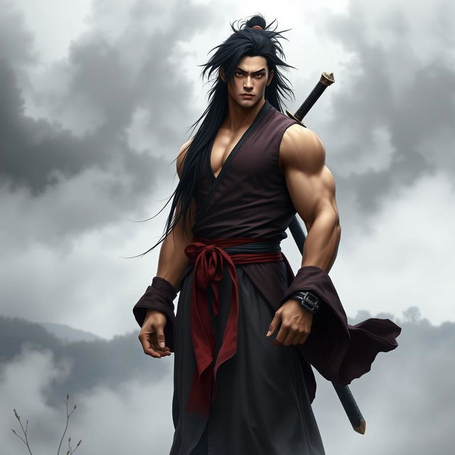 A tall, sexy and pumped Chinese man with long, disheveled black hair, wearing a traditional Chinese outfit, standing confidently on a foggy hill