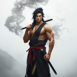 A tall, sexy and pumped Chinese man with long, disheveled black hair, wearing a traditional Chinese outfit, standing confidently on a foggy hill