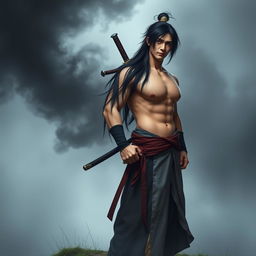 A tall, sexy and pumped Chinese man with long, disheveled black hair, wearing a traditional Chinese outfit, standing confidently on a foggy hill