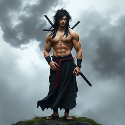 A tall, sexy and pumped Chinese man with long, disheveled black hair, wearing a traditional Chinese outfit, standing confidently on a foggy hill